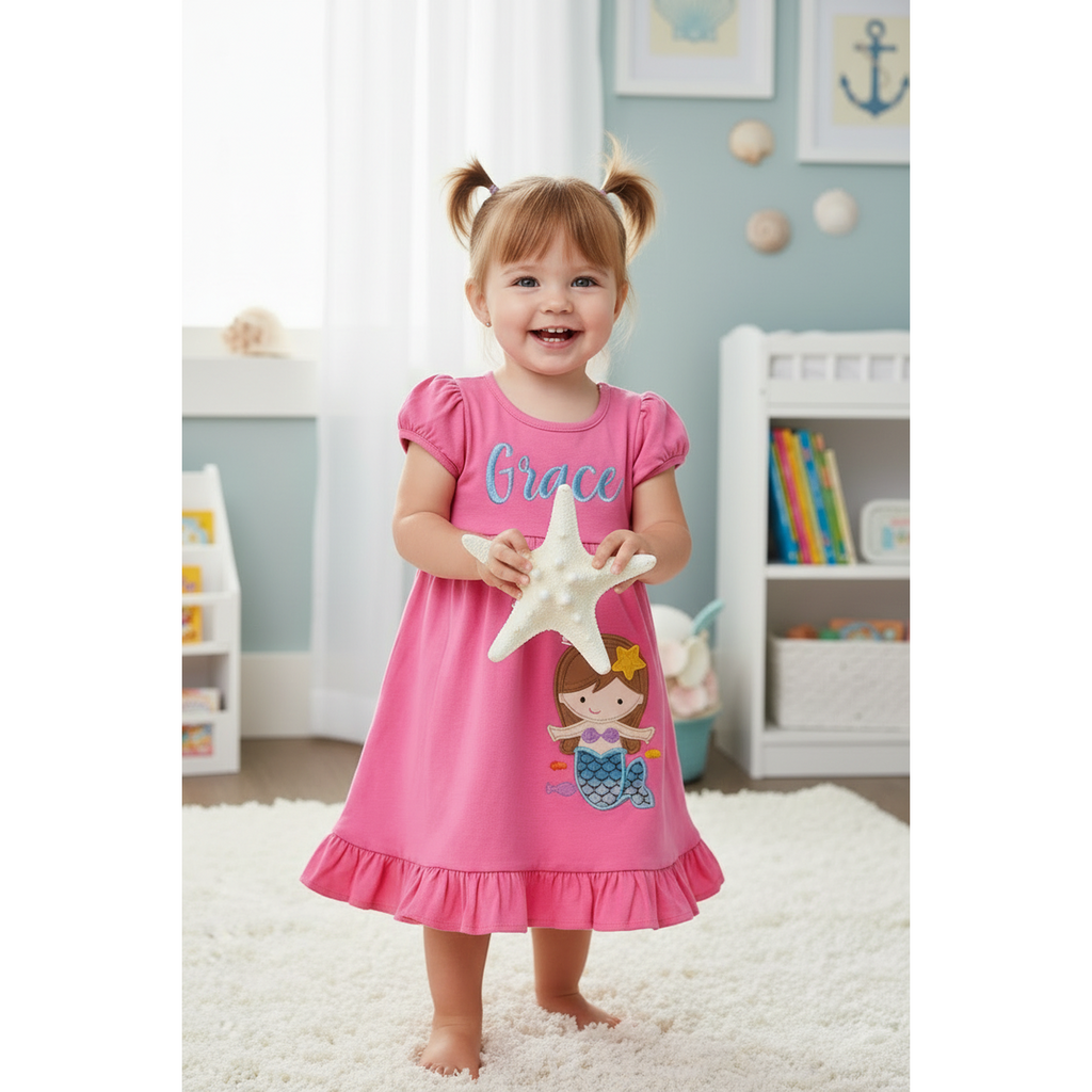 Child wearing a pink dress with a mermaid design, holding a starfish in a room with toys and books.