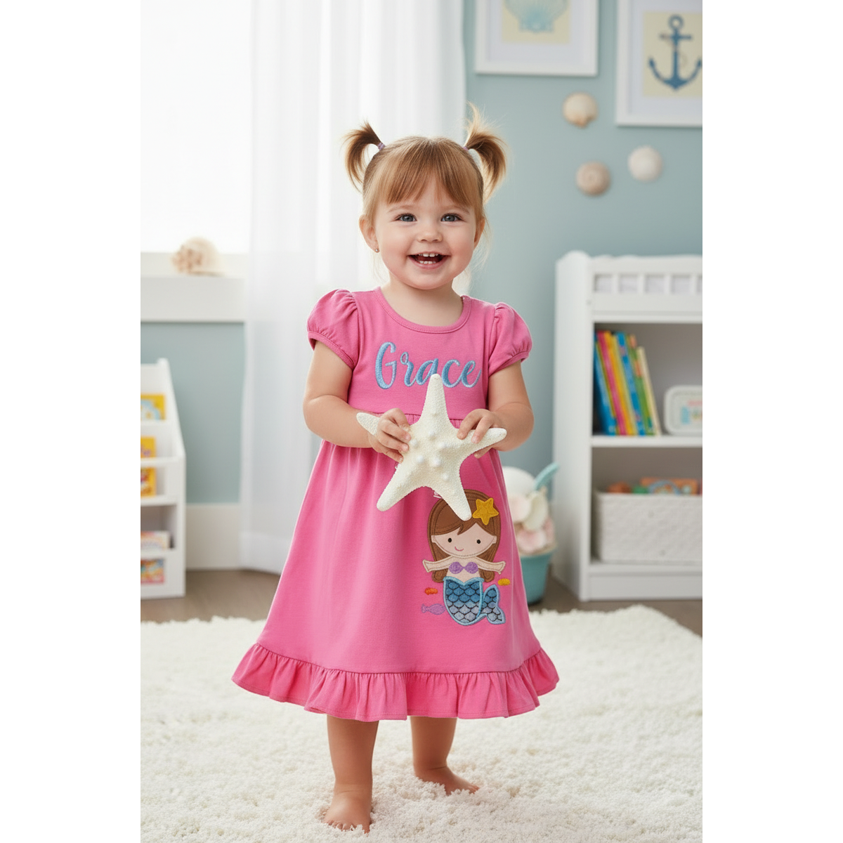 Child wearing a pink dress with a mermaid design, holding a starfish in a room with toys and books.