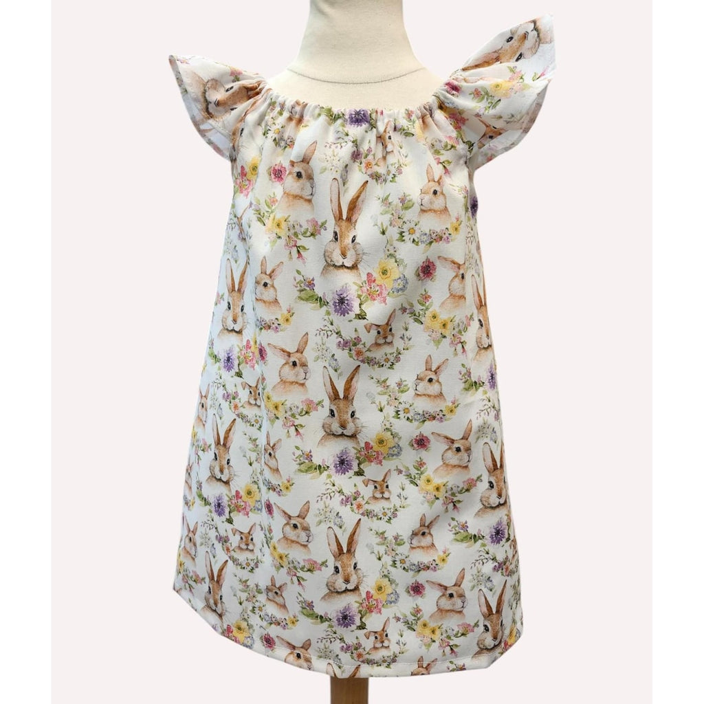 Easter Bunny Dress for Girls, Spring Floral Toddler Dress, Pastel Rabbit Flutter Sleeve Dress, Handmade Easter Outfit