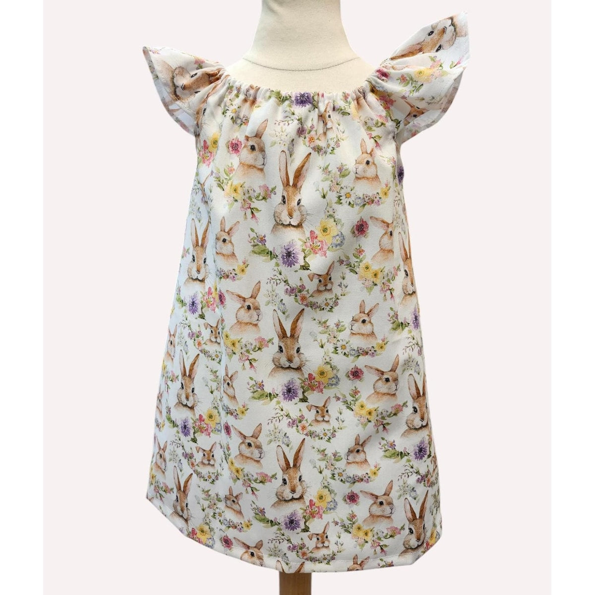 Easter Bunny Dress for Girls, Spring Floral Toddler Dress, Pastel Rabbit Flutter Sleeve Dress, Handmade Easter Outfit