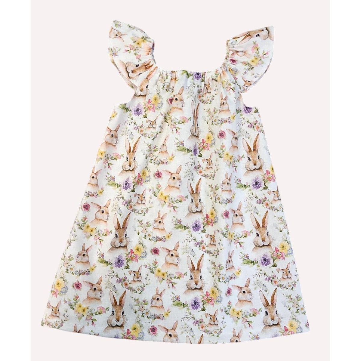 Easter Bunny Dress for Girls, Spring Floral Toddler Dress, Pastel Rabbit Flutter Sleeve Dress, Handmade Easter Outfit