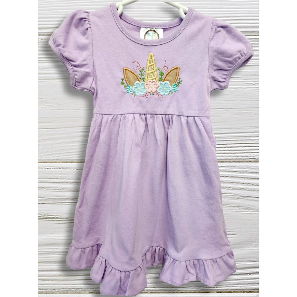 Lavender Unicorn Toddler Dress, Embroidered Birthday Dress for Girls, Pastel Ruffle Hem Boutique Dress