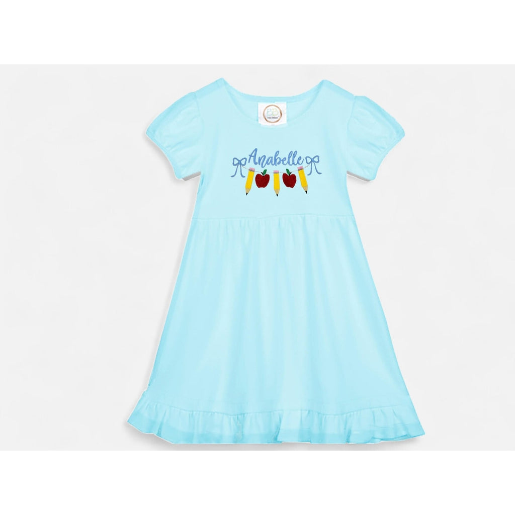 Personalized Back to School Dress, Kindergarten Girl Dress, Apple Pencil Embroidered School Dress, First Day Outfit