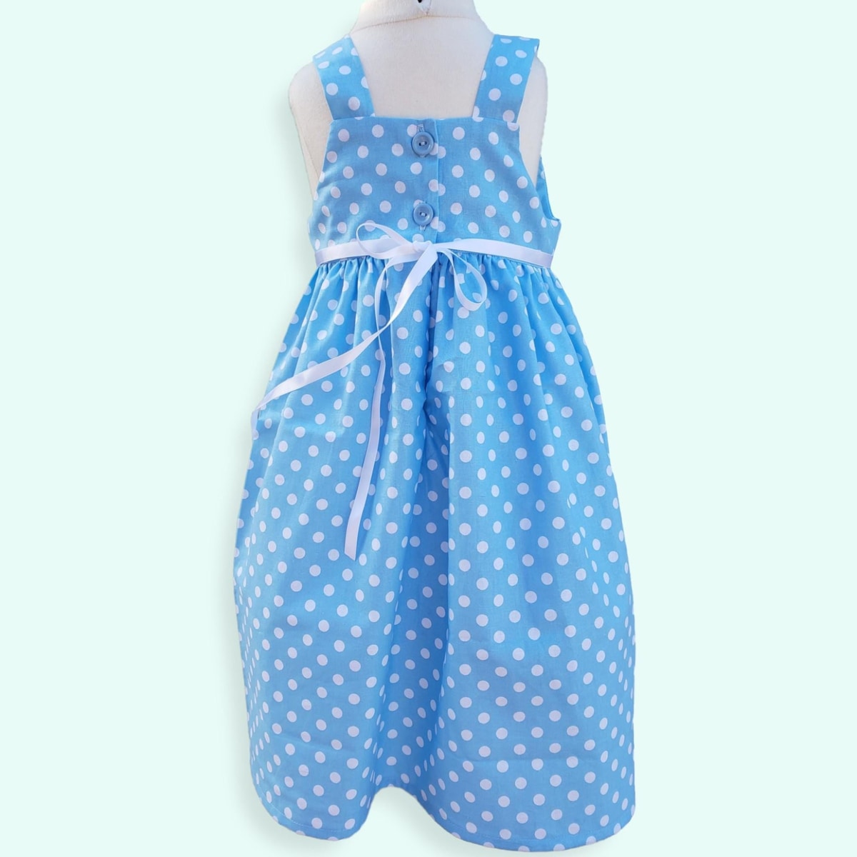 Blue Polka Dot Storybook Dress, Personalized Girls Birthday Dress, Handmade Square Neck Cotton Toddler Dress