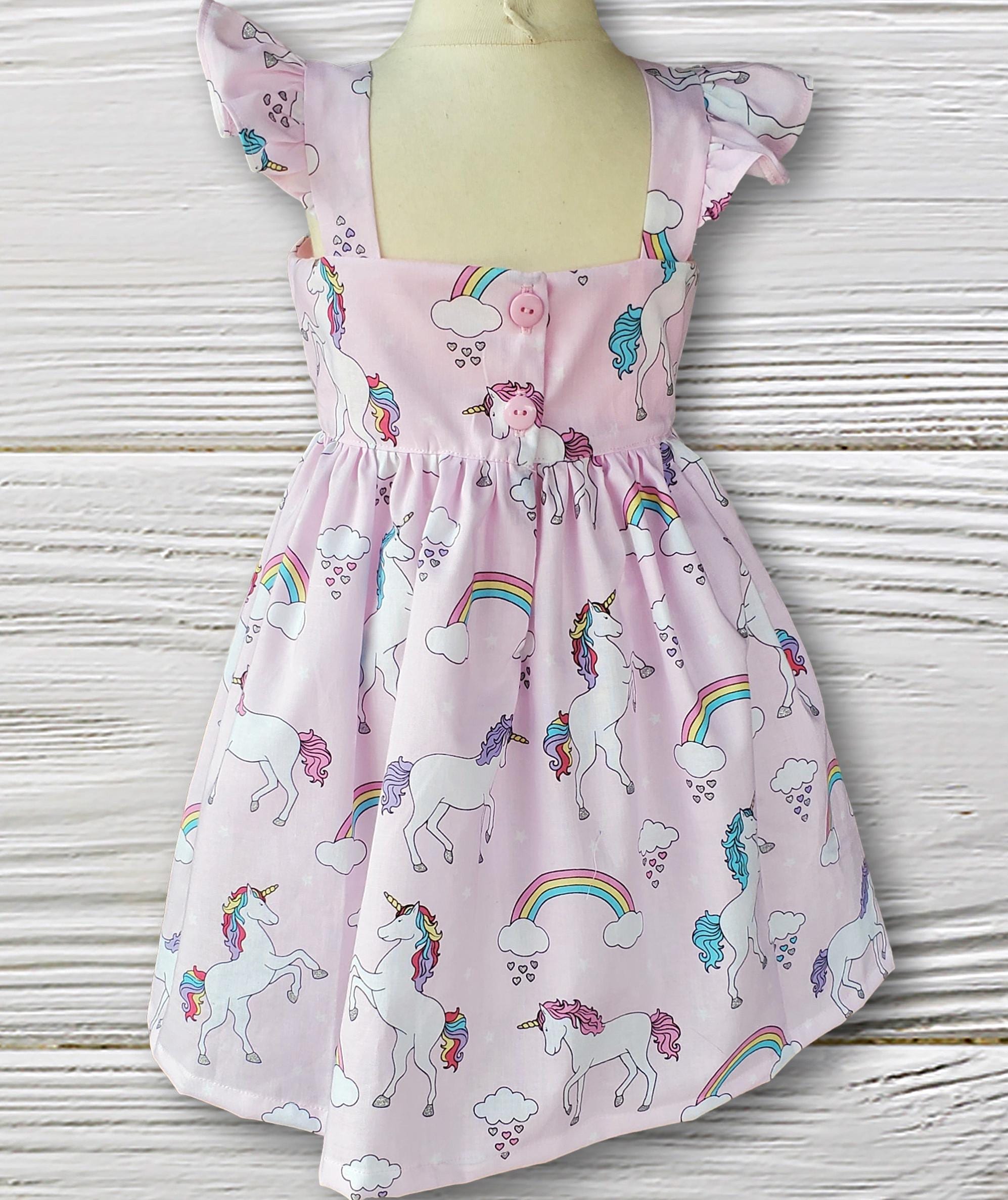 Pastel Unicorn Rainbow Girls Dress, Flutter Sleeve Toddler Birthday Dress, Whimsical Party Dress