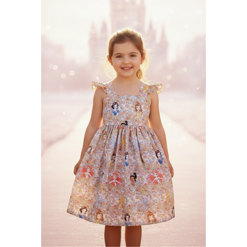 Young girl in a dress with princesses standing in front of a castle.