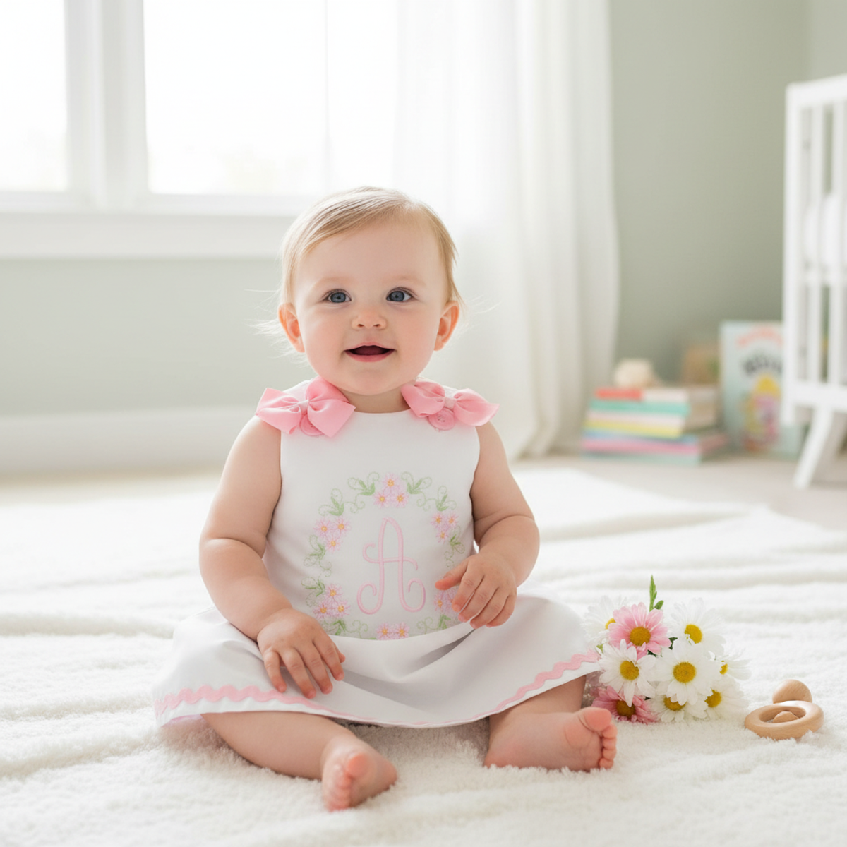 Baby sitting on a white rug wearing a white dress with pink floral embroidery and bow straps.