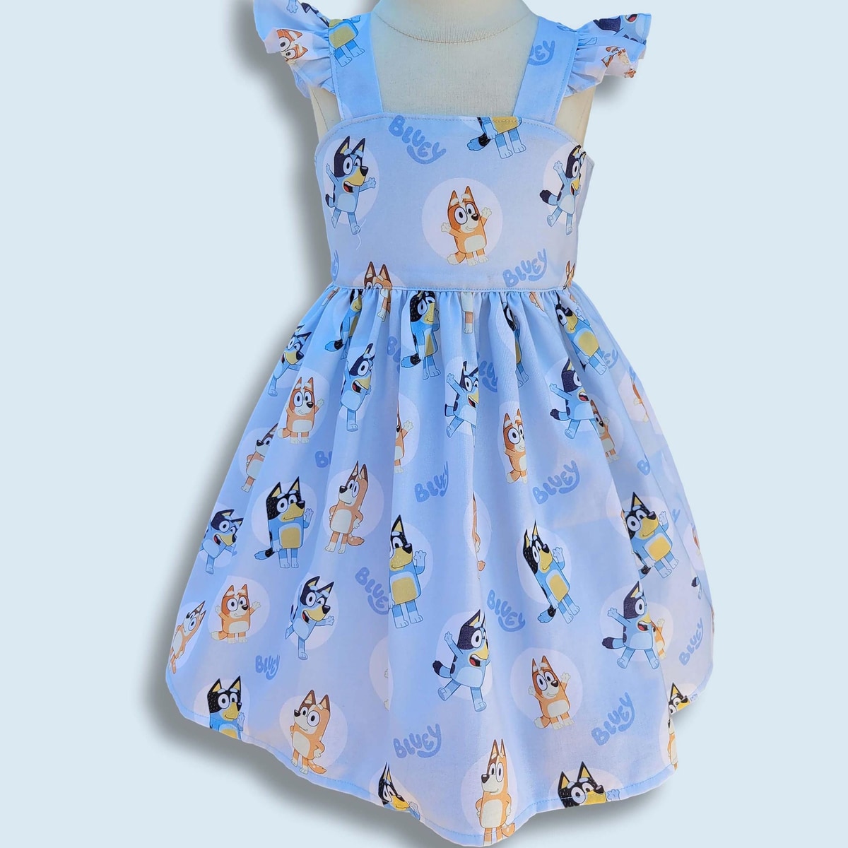 Blue Cartoon Puppy Girls Dress, Flutter Sleeve Toddler Sundress, Handmade Summer Birthday Play Dress