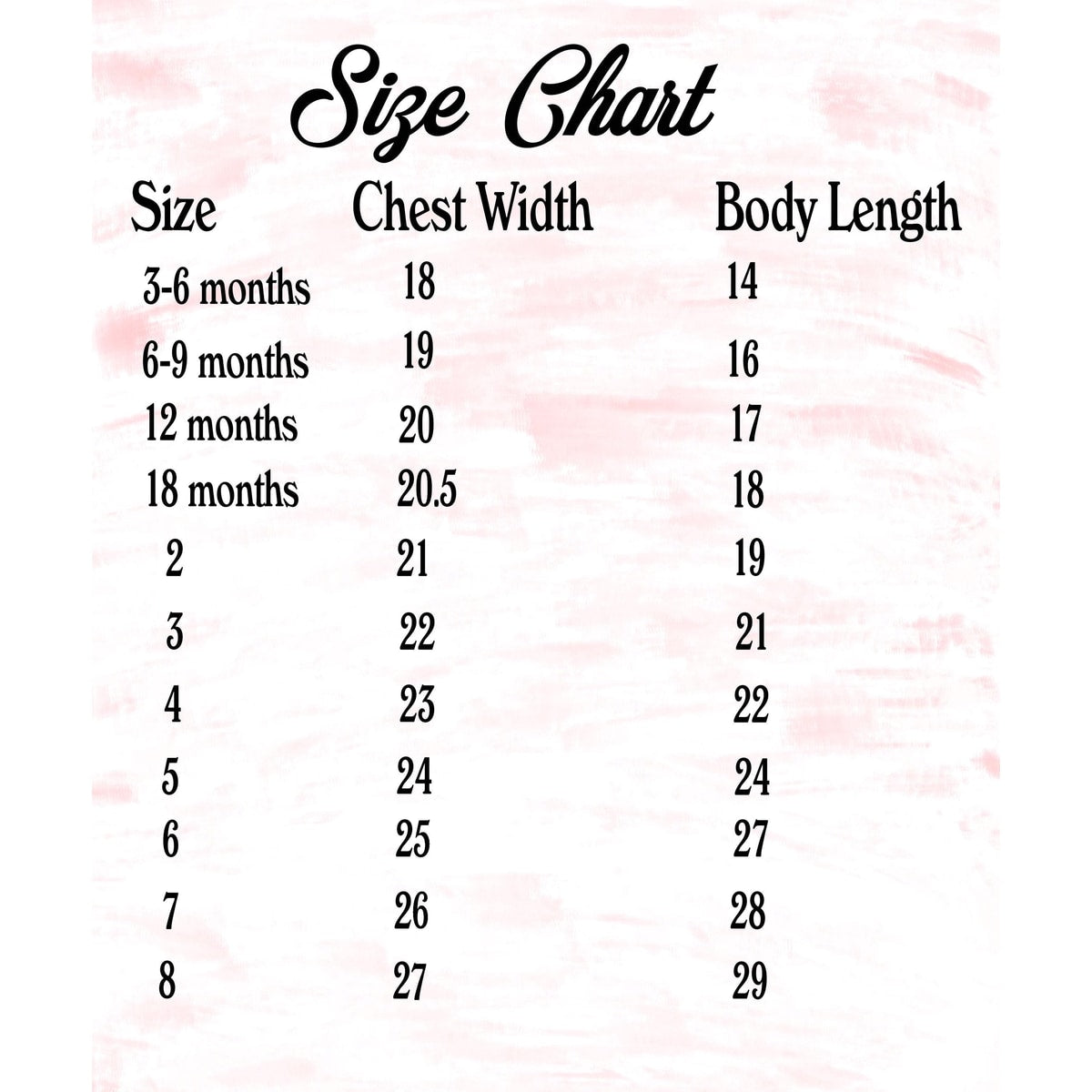 Size chart for children's clothing with chest width and body length measurements on a pink floral background.