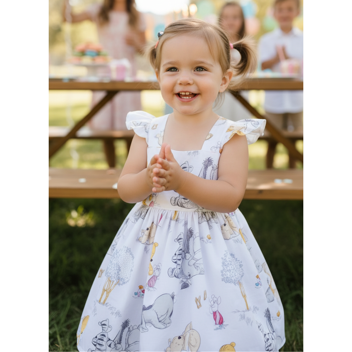 Young girl in a patterned dress standing outdoors with blurred people in the background