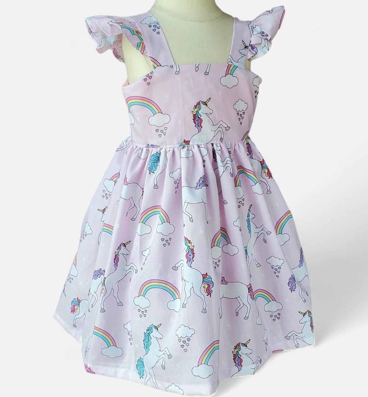 Pastel Unicorn Rainbow Girls Dress, Flutter Sleeve Toddler Birthday Dress, Whimsical Party Dress