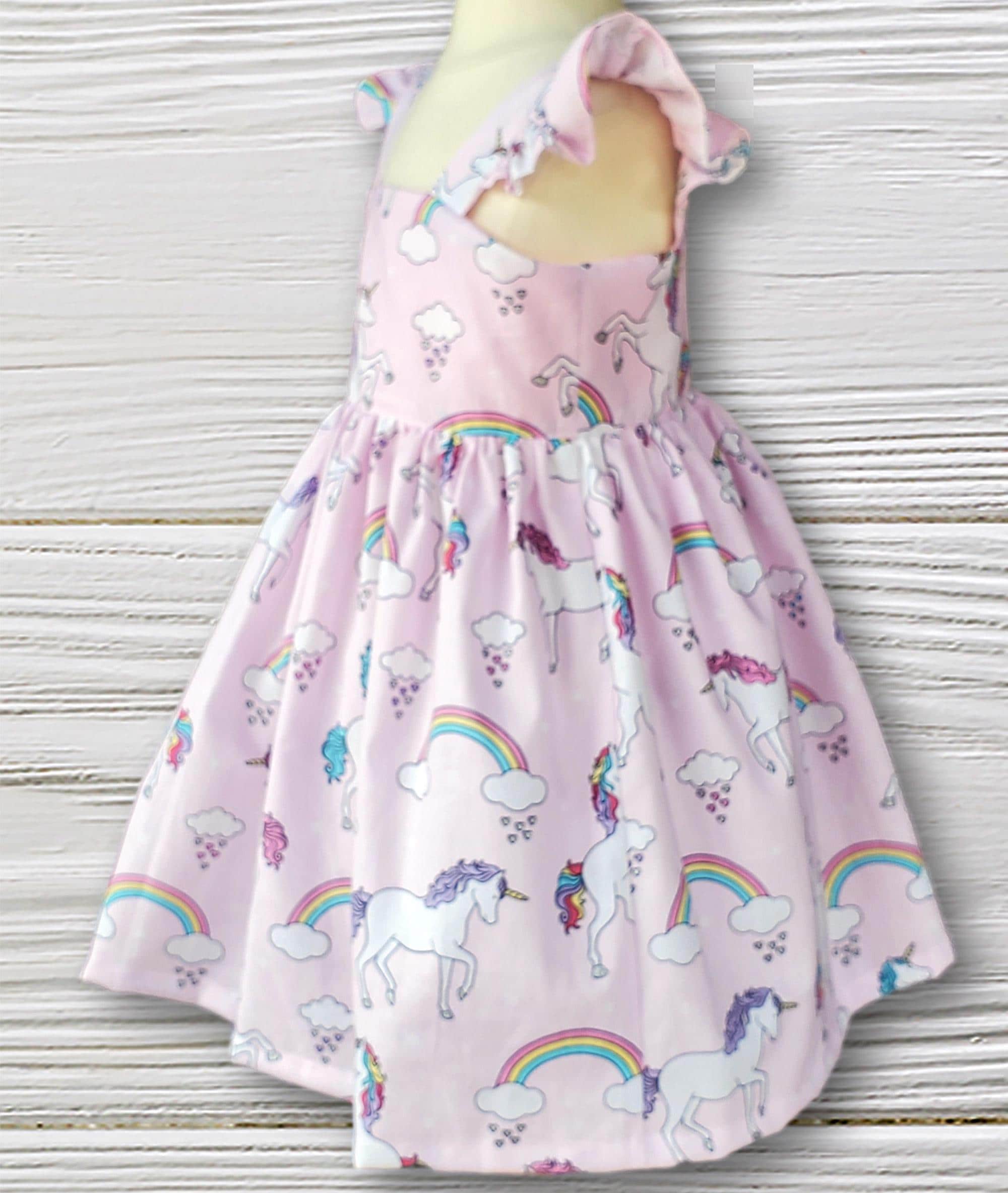 Pastel Unicorn Rainbow Girls Dress, Flutter Sleeve Toddler Birthday Dress, Whimsical Party Dress