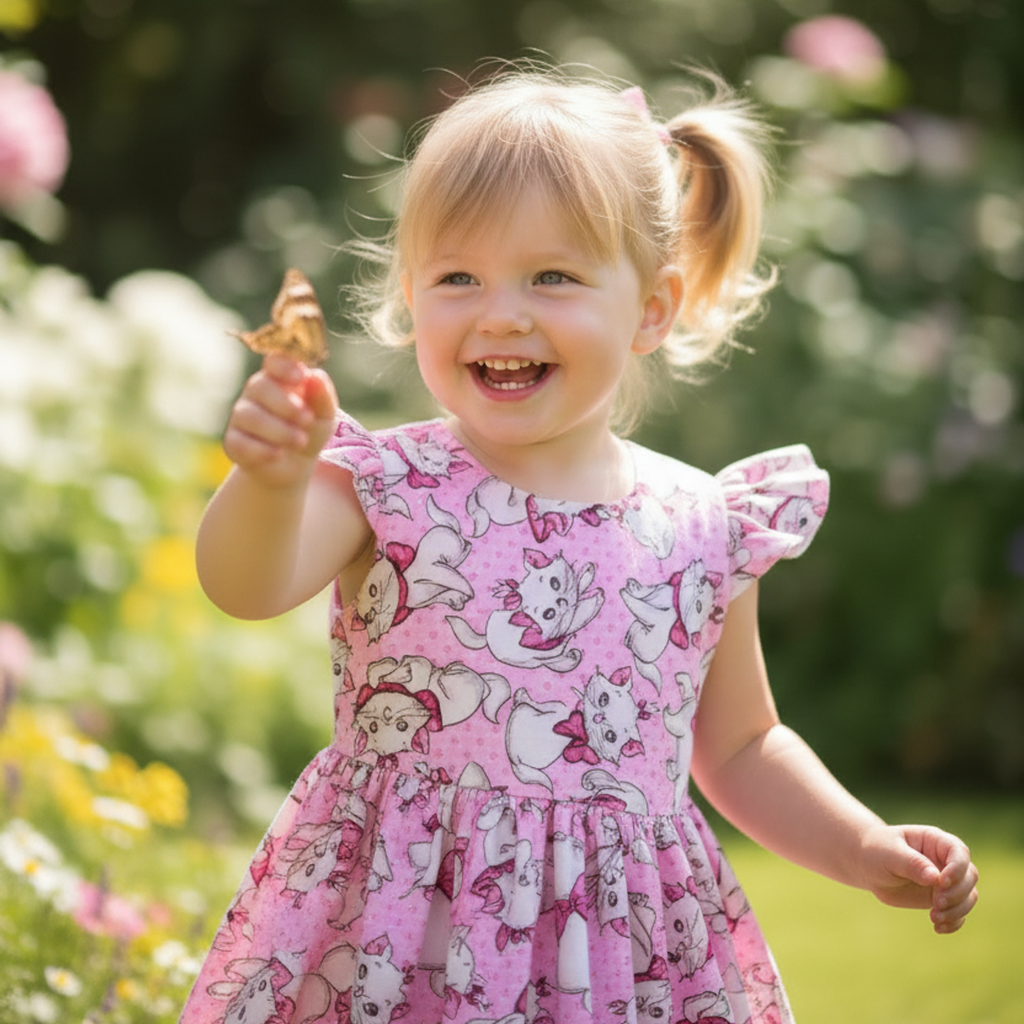 Young girl in a pink floral dress standing in a garden with flowers and greenery.