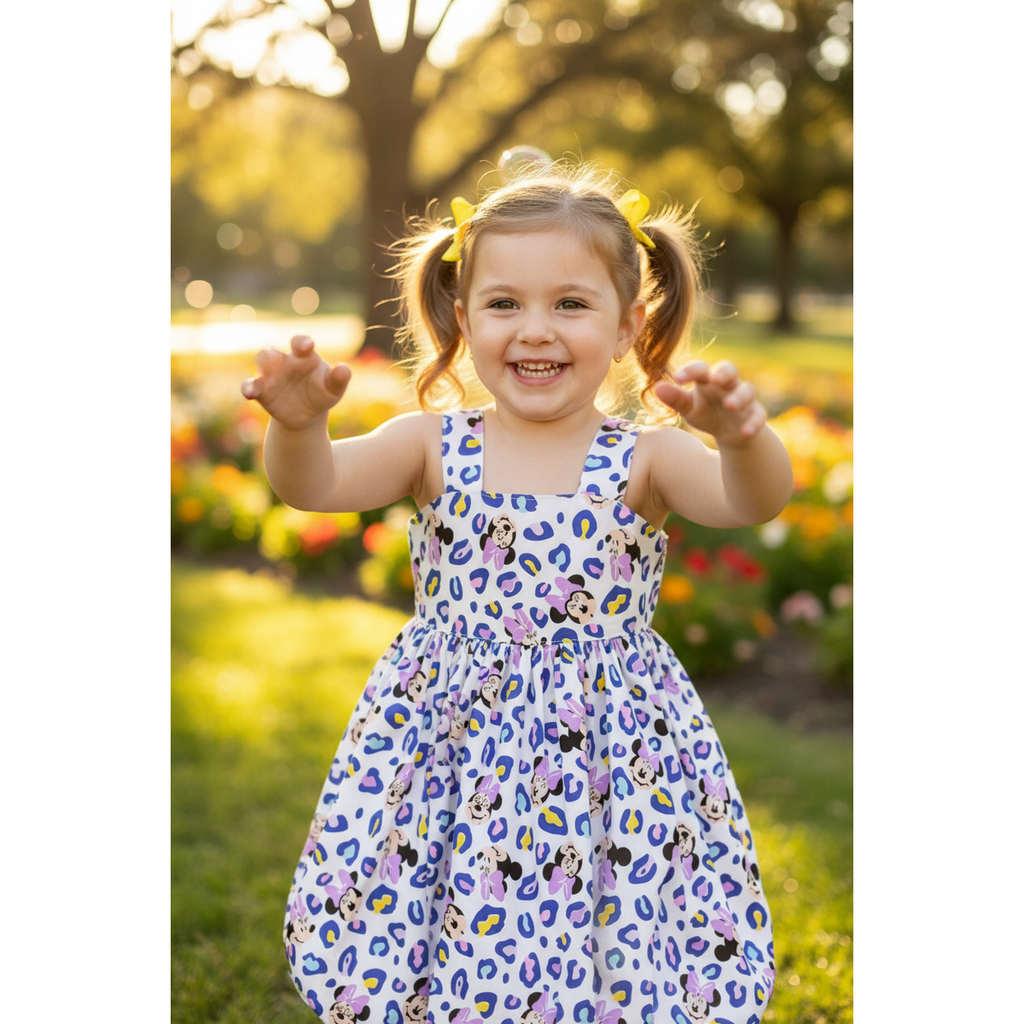 Child in a colorful dress with animal print design standing in a park with flowers and trees.