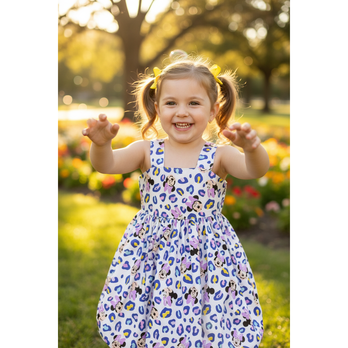 Child in a colorful dress with animal print design standing in a park with flowers and trees.
