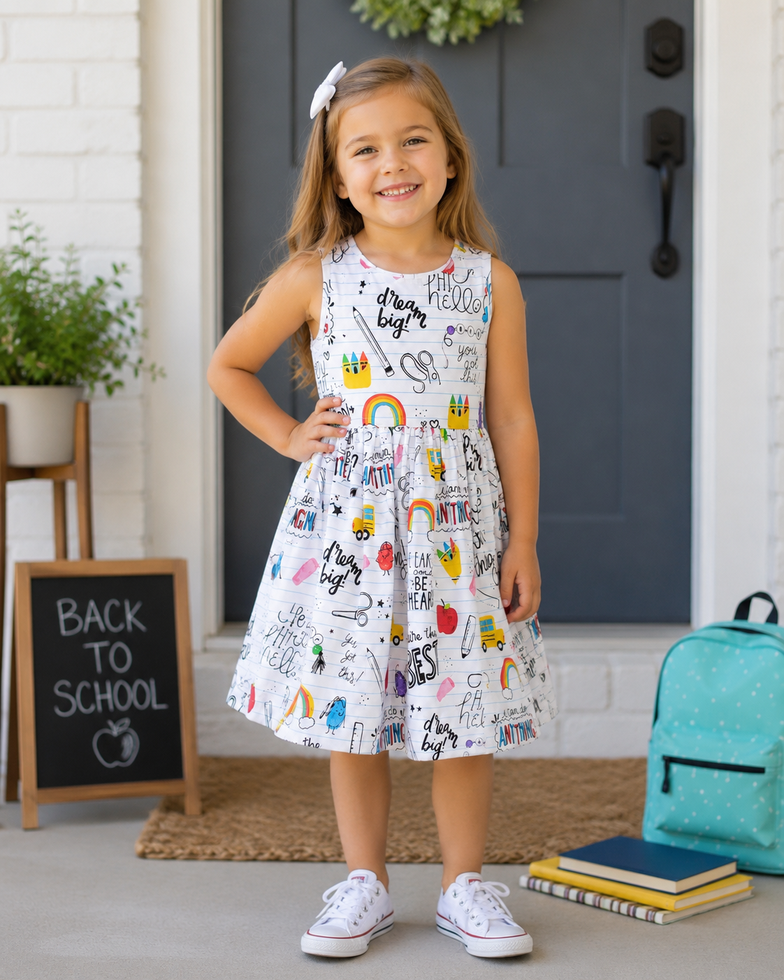 A young girl stands in front of a dark gray front door wearing a sleeveless white A-line dress covered in colorful school-themed doodles and text, along with white sneakers. A turquoise backpack, books, a small chalkboard sign reading 'BACK TO SCHOOL,' and a potted plant are visible around her.