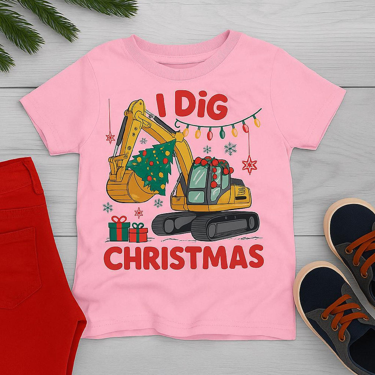 I Dig Christmas Boys Shirt, Funny Kids Christmas Tee, Excavator Holiday Shirt, X image 4