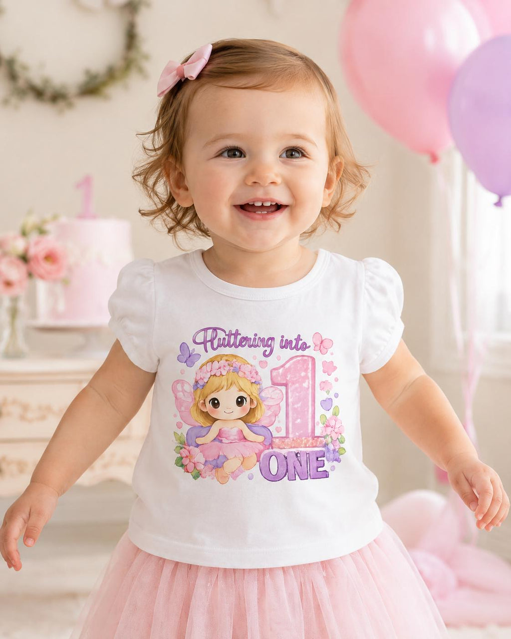 Girls 1st Birthday Shirt, Fairy First Birthday Tee, Fluttering Into One Shirt, B image 1