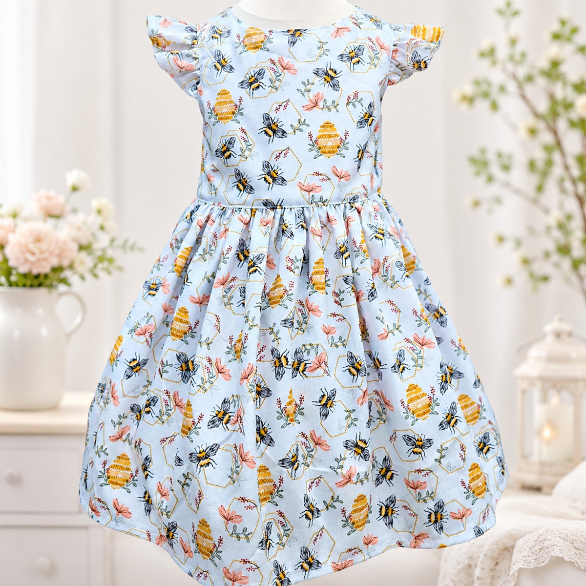 Children's dress with bee and flower pattern on a light blue background