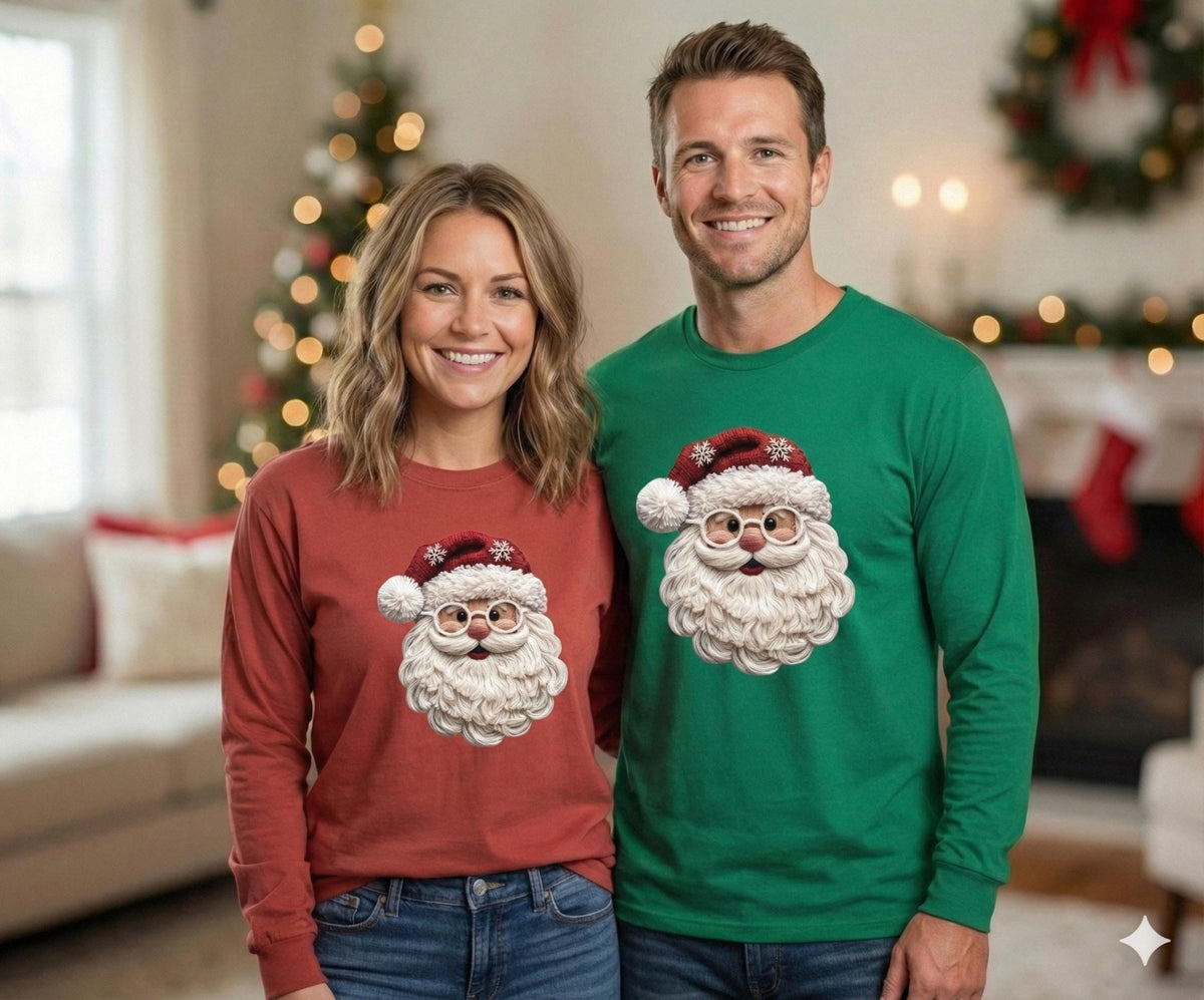 Christmas Sweatshirt Faux Yarn Santa, Retro Santa Claus Leopard Hat, Vintage Hol image 0