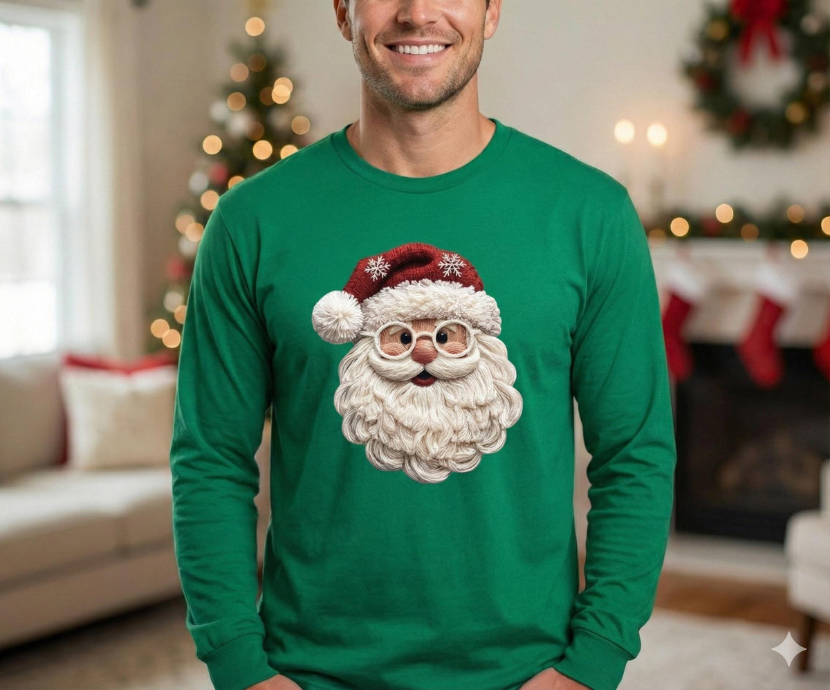 Christmas Sweatshirt Faux Yarn Santa, Retro Santa Claus Leopard Hat, Vintage Hol image 1