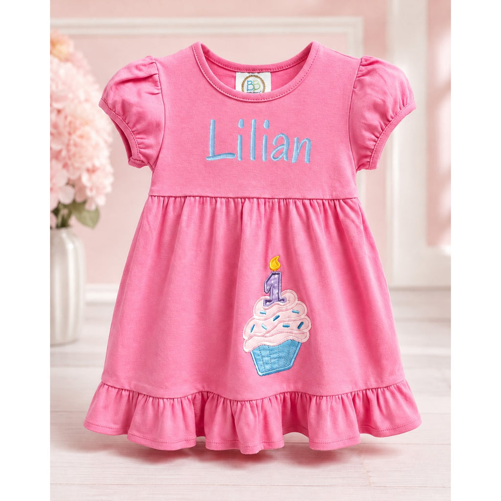Personalized Pink First Birthday Dress, Cupcake Applique Toddler Dress, Custom Name Girls Birthday Outfit