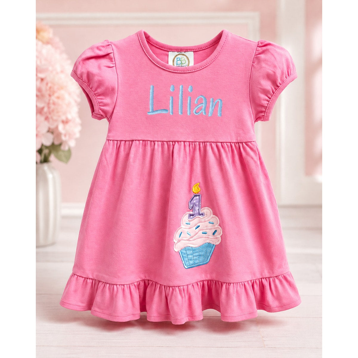 Personalized Pink First Birthday Dress, Cupcake Applique Toddler Dress, Custom Name Girls Birthday Outfit