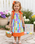 Girls Easter Bunny Pillowcase Dress, Spring Bunny Dress with Orange Polka Dot Bow, Toddler Easter Dress