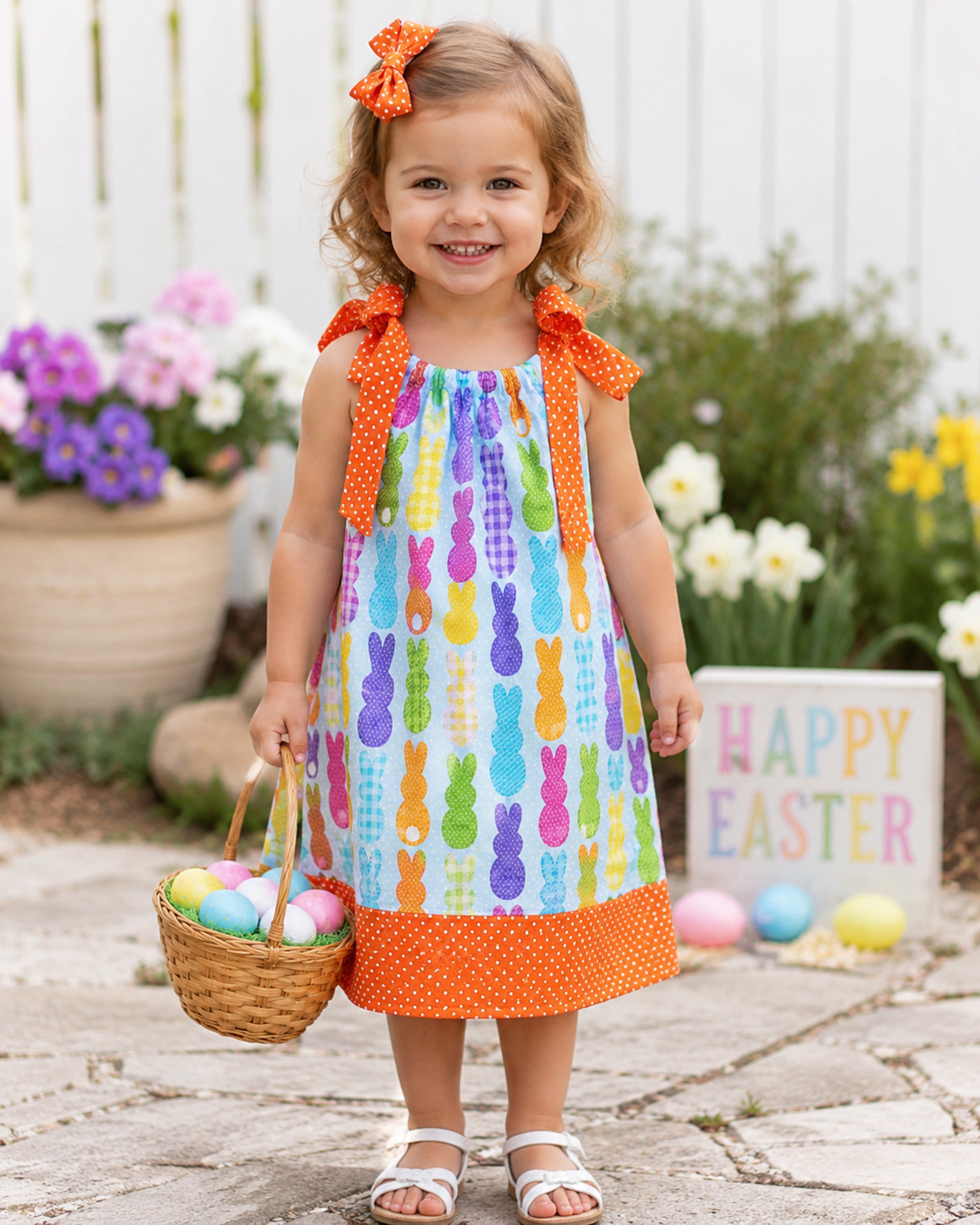 Girls Easter Bunny Pillowcase Dress, Spring Bunny Dress with Orange Polka Dot Bow, Toddler Easter Dress