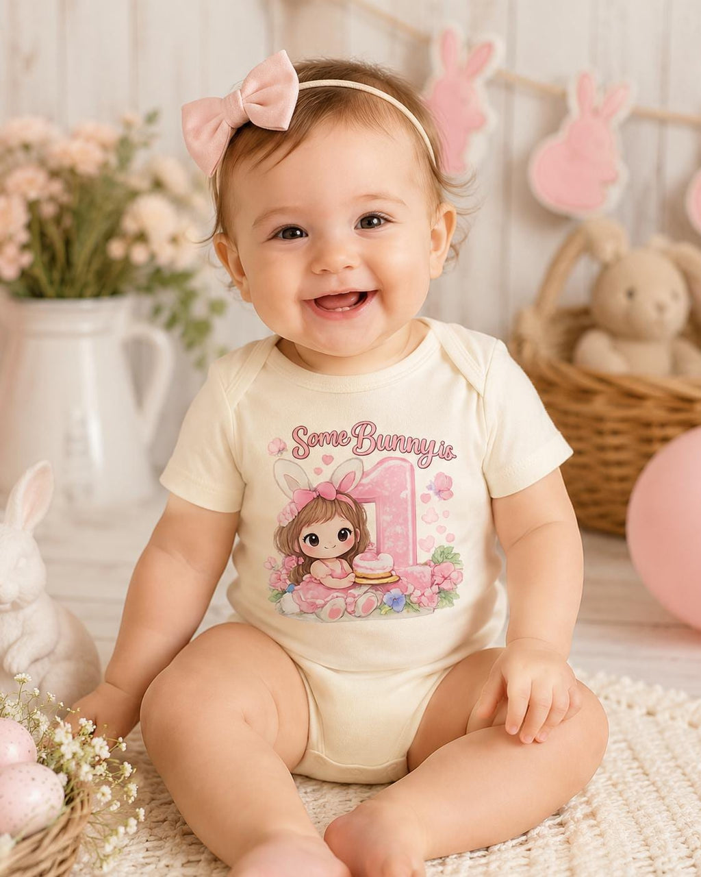 Some Bunny Is One Bodysuit, Baby Girl 1st Birthday Outfit, Bunny First Birthday  image 1