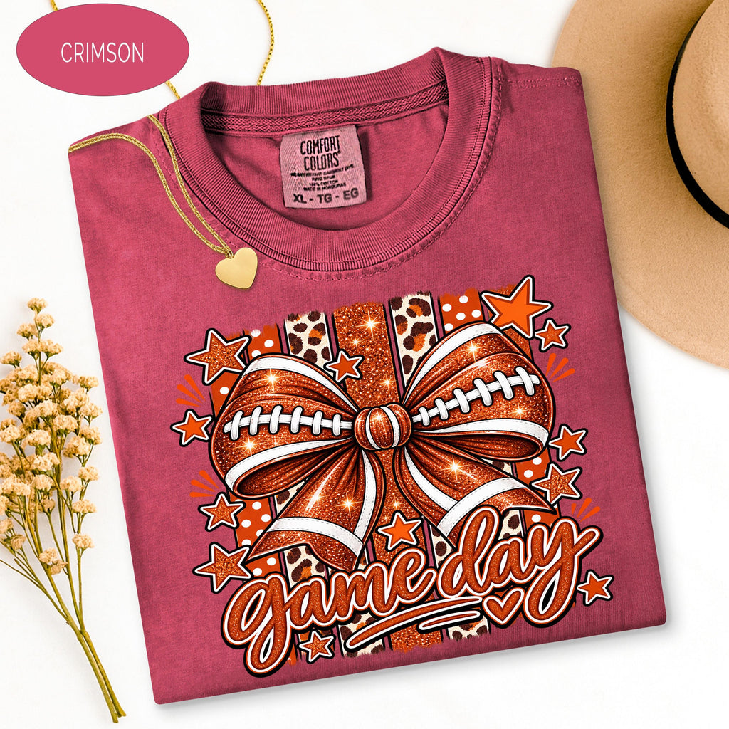 Comfort Colors Shirt, Football Mom Shirt, Glitter Game Day Bow Tee, Retro Footba image 4