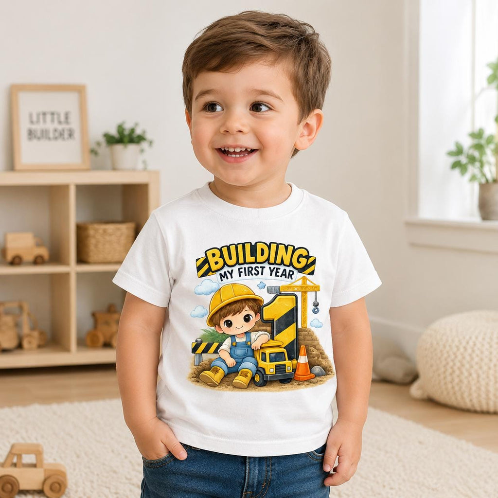 Construction 1st Birthday Shirt, Building My First Year Toddler Boy Tee, Dump Tr image 1