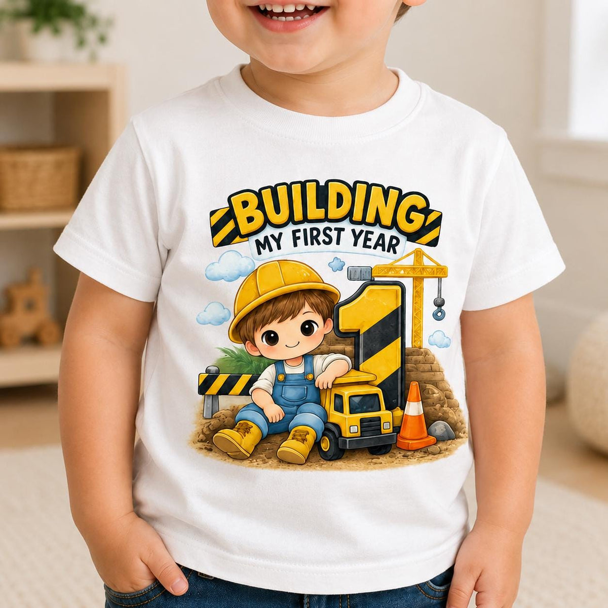 Construction 1st Birthday Shirt, Building My First Year Toddler Boy Tee, Dump Tr image 0