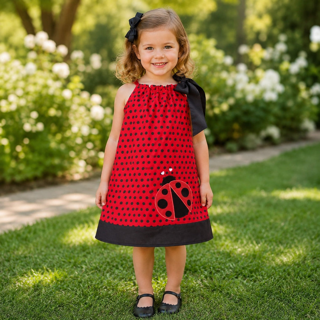 Young girl in a red dress with black polka dots and a ladybug design, standing outdoors on grass.