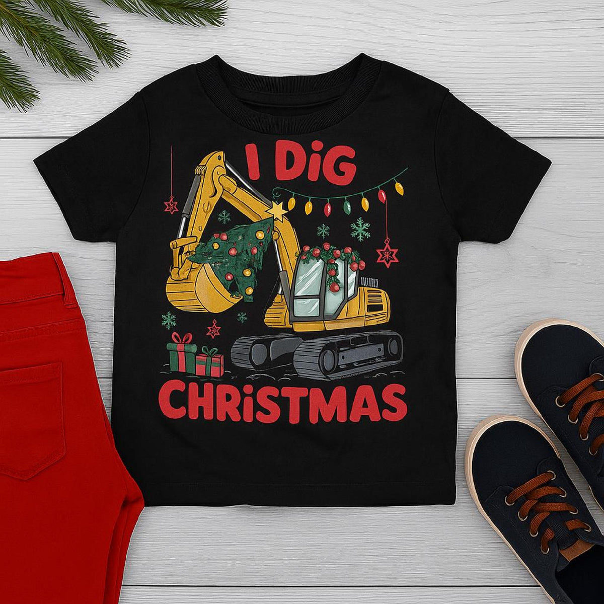 I Dig Christmas Boys Shirt, Funny Kids Christmas Tee, Excavator Holiday Shirt, X image 3