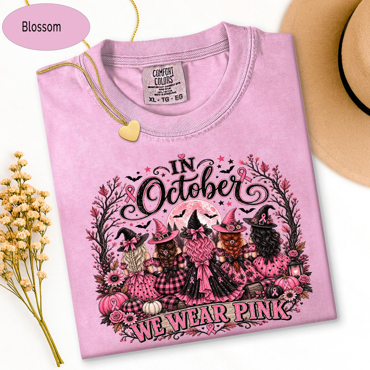 Breast Cancer Shirt, Comfort Colors Shirt, Pink Ribbon Witch Halloween TShirt, C image 3