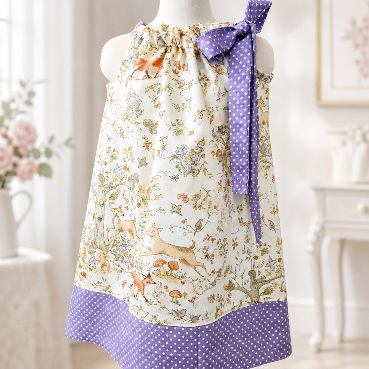 Floral apron with a purple polka dot ribbon on a mannequin against a white background