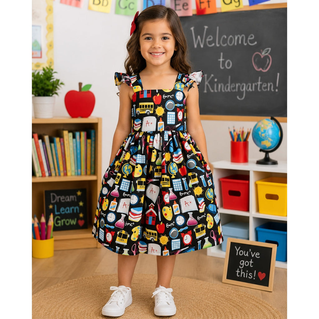 Young girl in a classroom wearing a dress with school-themed patterns, standing in front of a 'Welcome to Kindergarten!' sign.