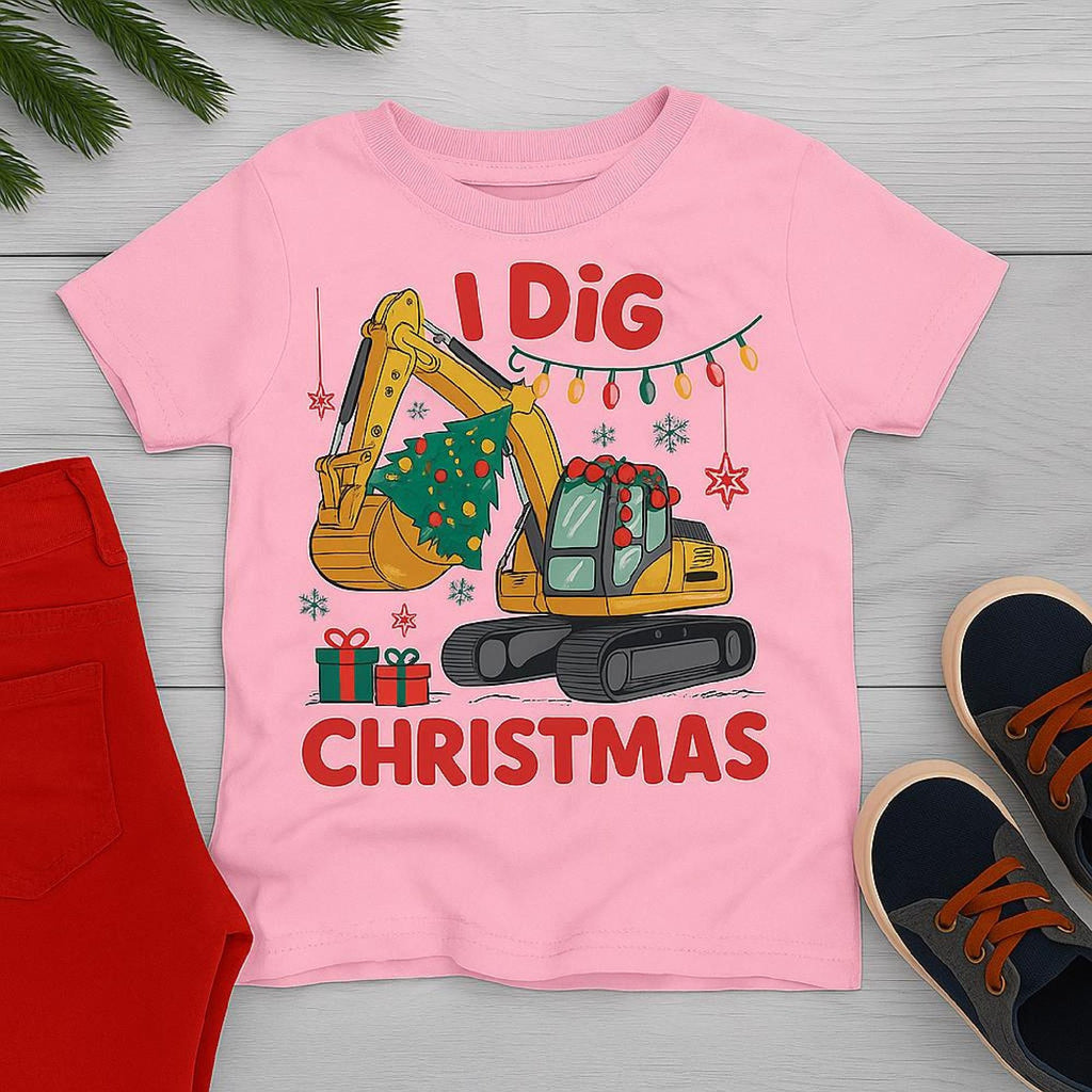 I Dig Christmas Boys Shirt, Funny Kids Christmas Tee, Excavator Holiday Shirt, X image 5