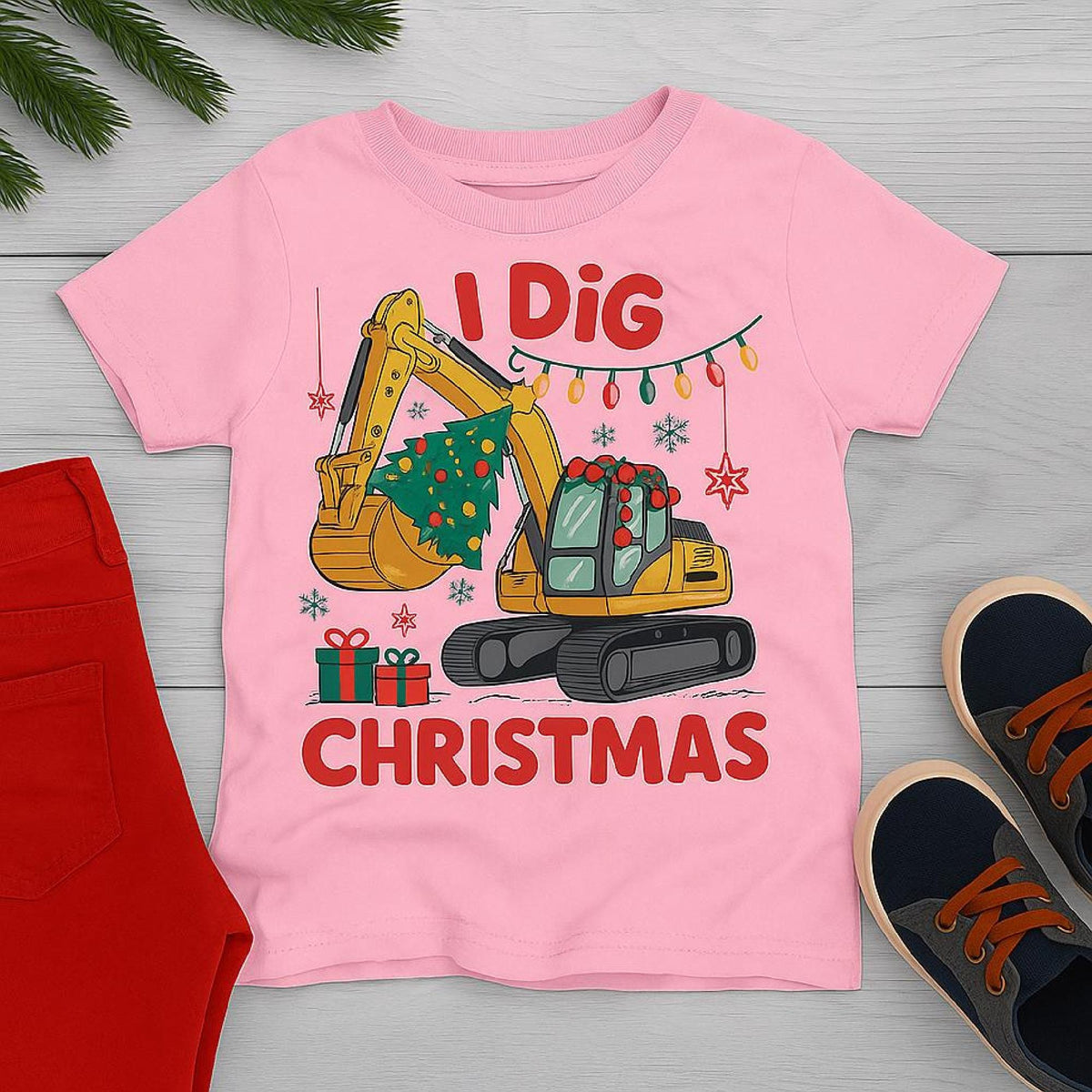 I Dig Christmas Boys Shirt, Funny Kids Christmas Tee, Excavator Holiday Shirt, X image 5