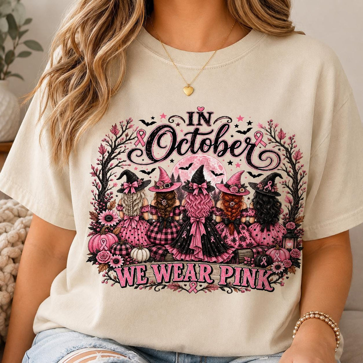 Breast Cancer Shirt, Comfort Colors Shirt, Pink Ribbon Witch Halloween TShirt, C image 1