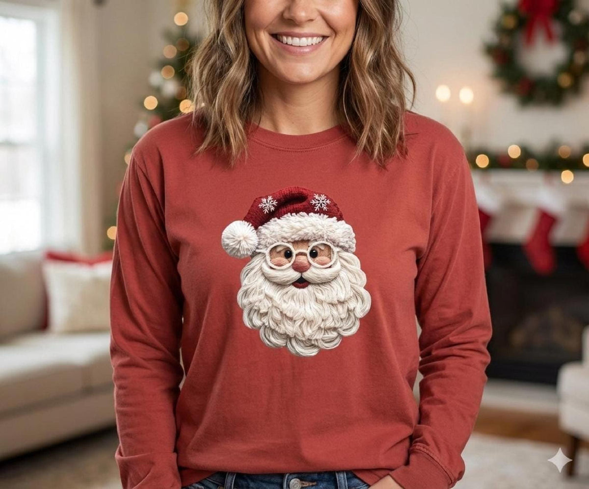 Christmas Sweatshirt Faux Yarn Santa, Retro Santa Claus Leopard Hat, Vintage Hol image 2
