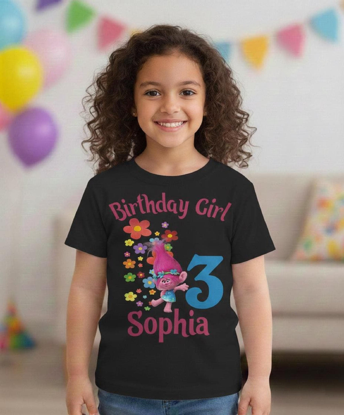 Custom Trolls Birthday Shirt, Personalized Poppy Top, Name and Age Birthday Girl image 1