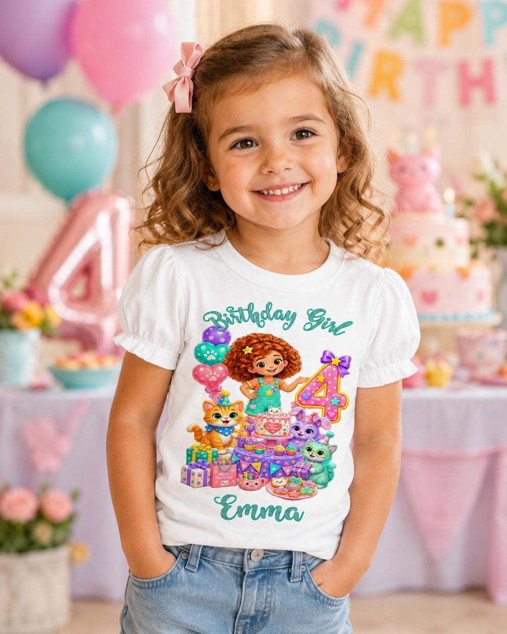 Birthday Girl Shirt, Personalized Cat Birthday Tee, Custom Name Age Party Shirt, image 1