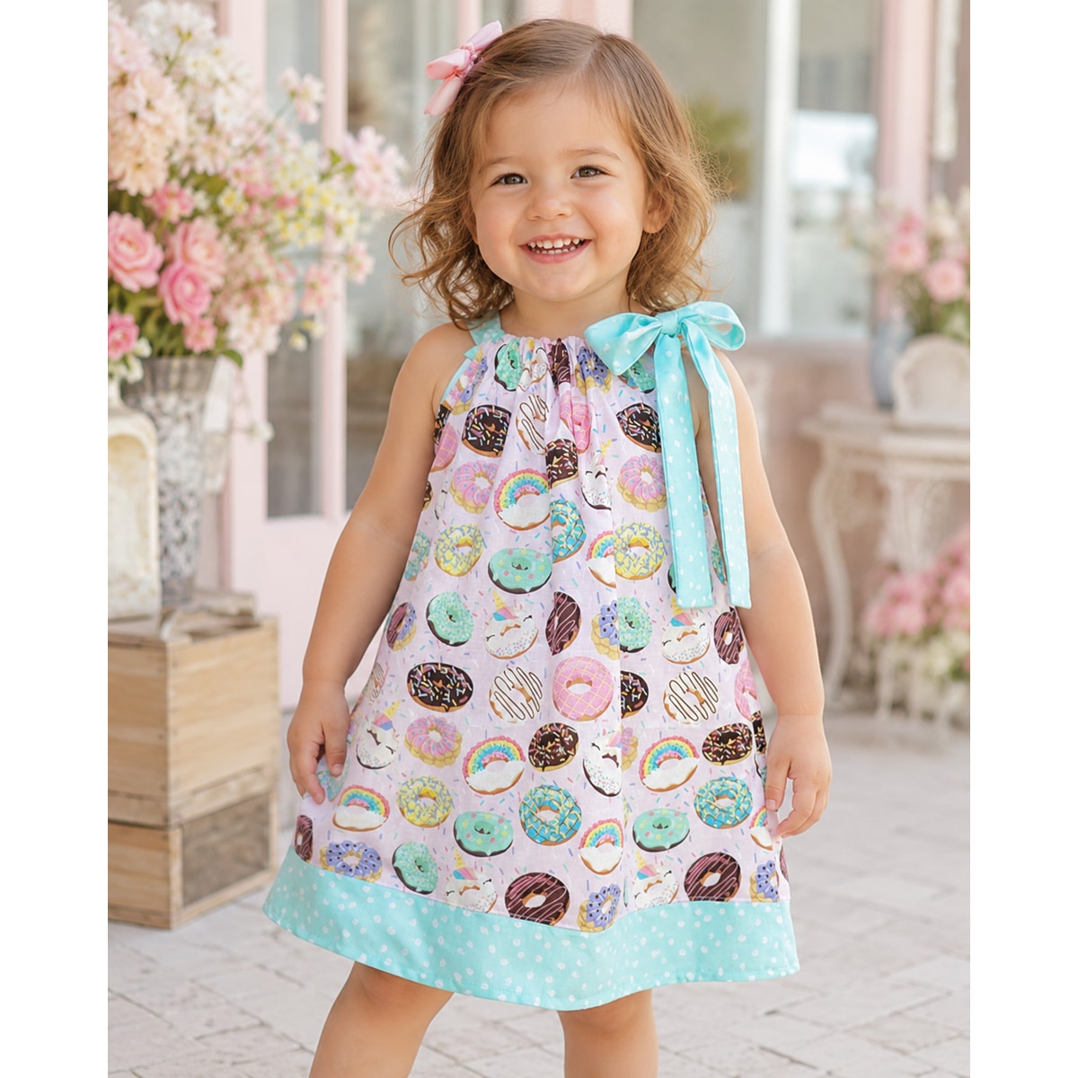 Young girl wearing a colorful dress with donut pattern outdoors.