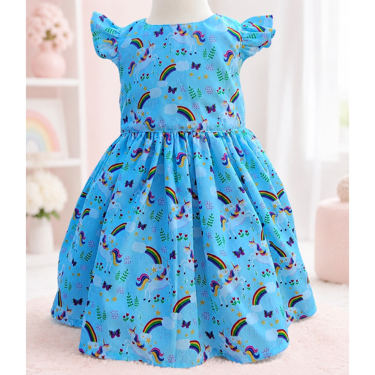 Blue children's dress with unicorn and rainbow patterns on a mannequin.