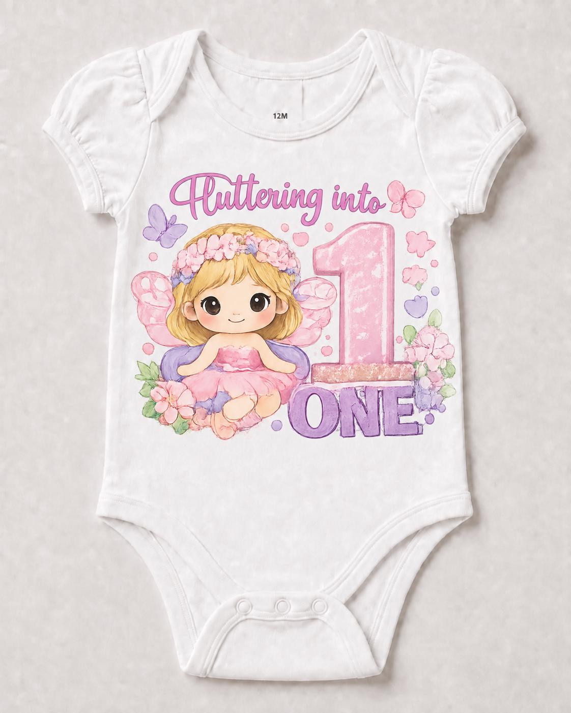 Girls 1st Birthday Shirt, Fairy First Birthday Tee, Fluttering Into One Shirt, B image 2