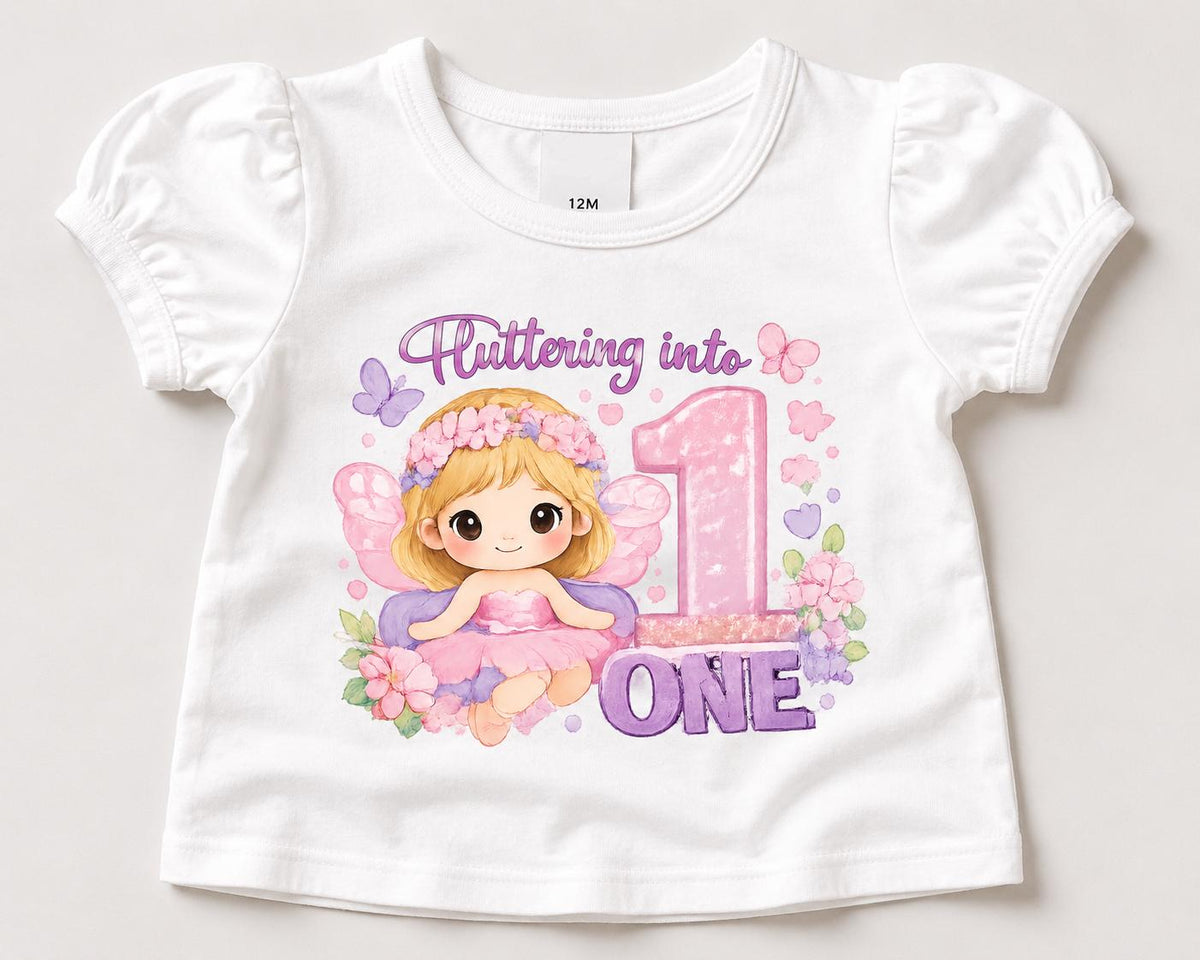 Girls 1st Birthday Shirt, Fairy First Birthday Tee, Fluttering Into One Shirt, B image 3