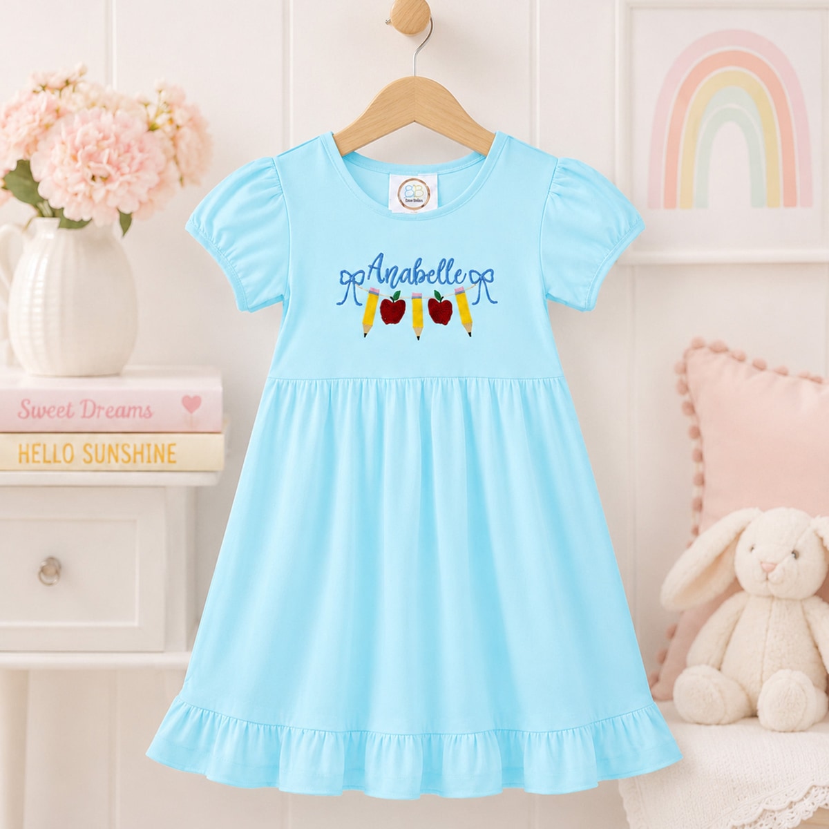 Personalized Back to School Dress, Kindergarten Girl Dress, Apple Pencil Embroidered School Dress, First Day Outfit