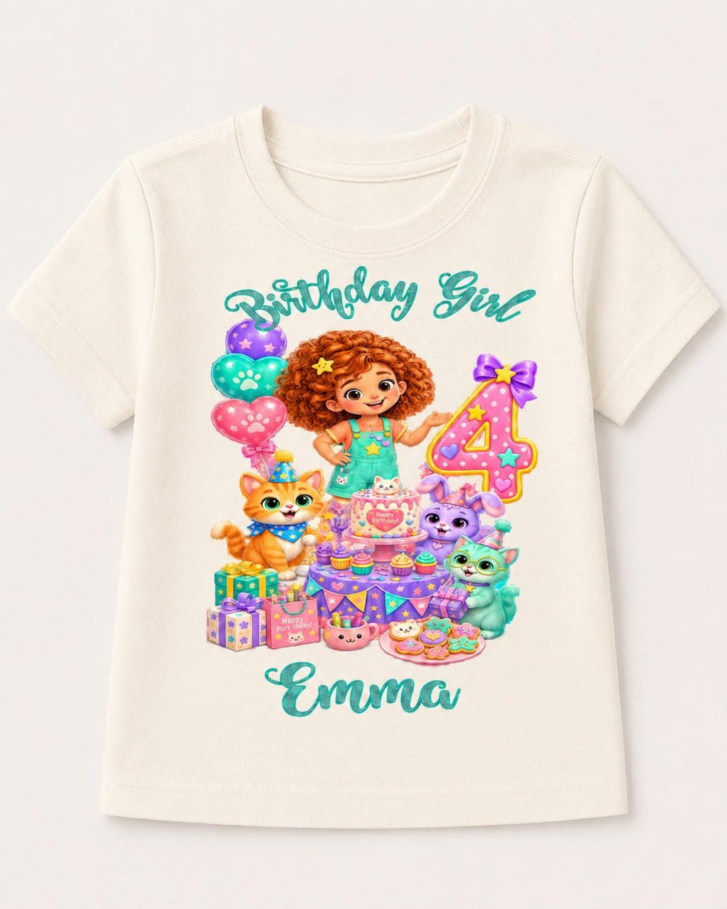 Birthday Girl Shirt, Personalized Cat Birthday Tee, Custom Name Age Party Shirt, image 4